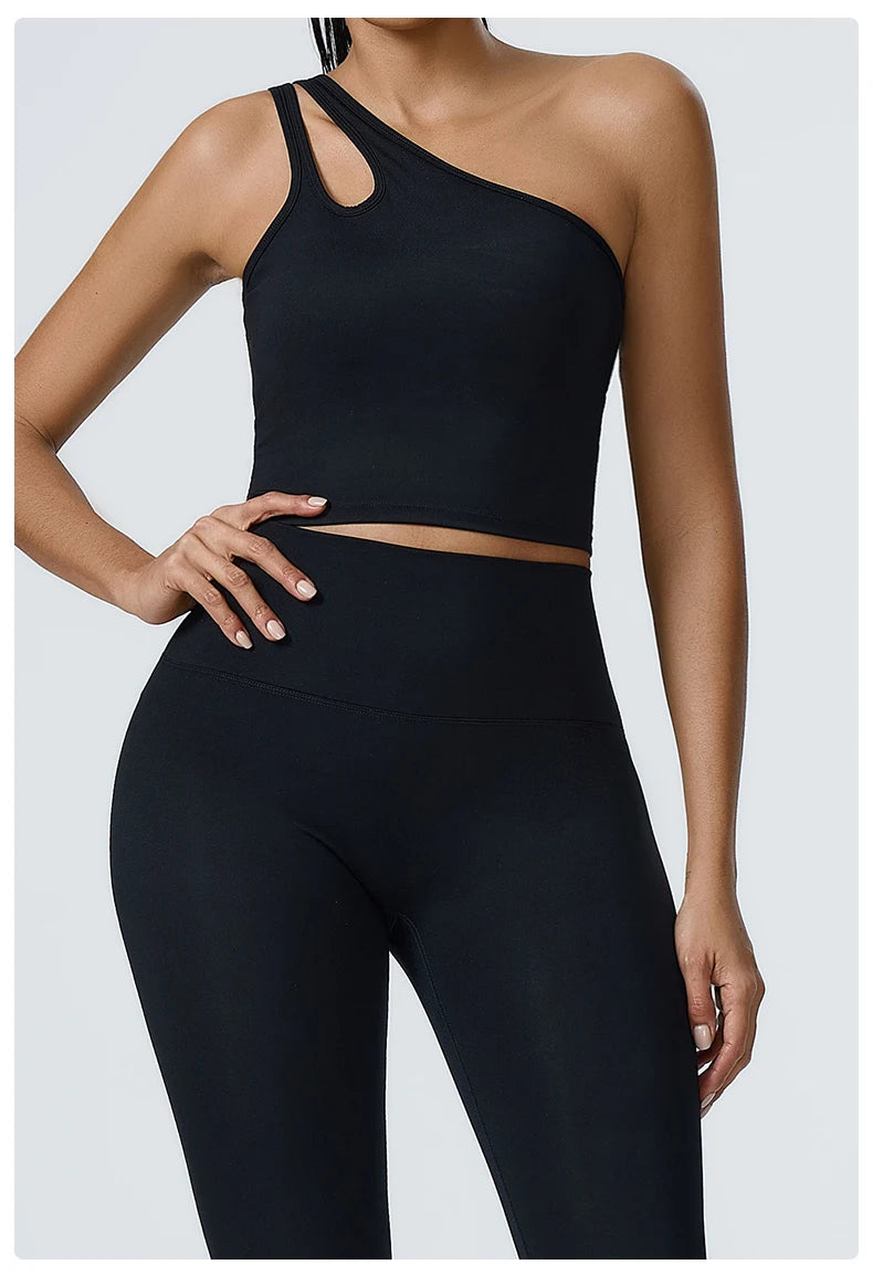 Women Push Up Sports Bra One Shoulder Yoga Shockproof Fitness Bra Black White