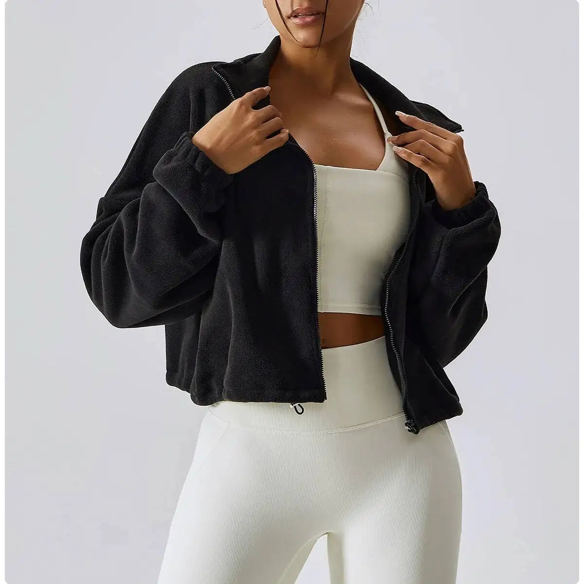 Women Crop Fleece Jacket Stand Collar Outerwear Autumn Winter