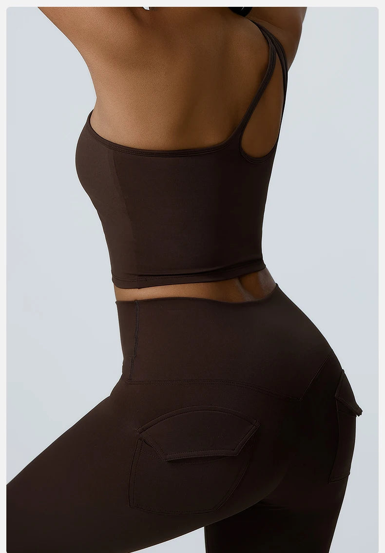 Women Push Up Sports Bra One Shoulder Yoga Shockproof Fitness Bra Black White