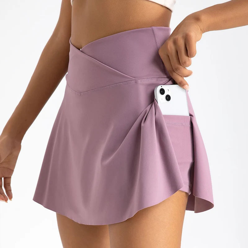 Women Pleated Tennis Skirt With Pockets Golf Crossover High Waisted Skort