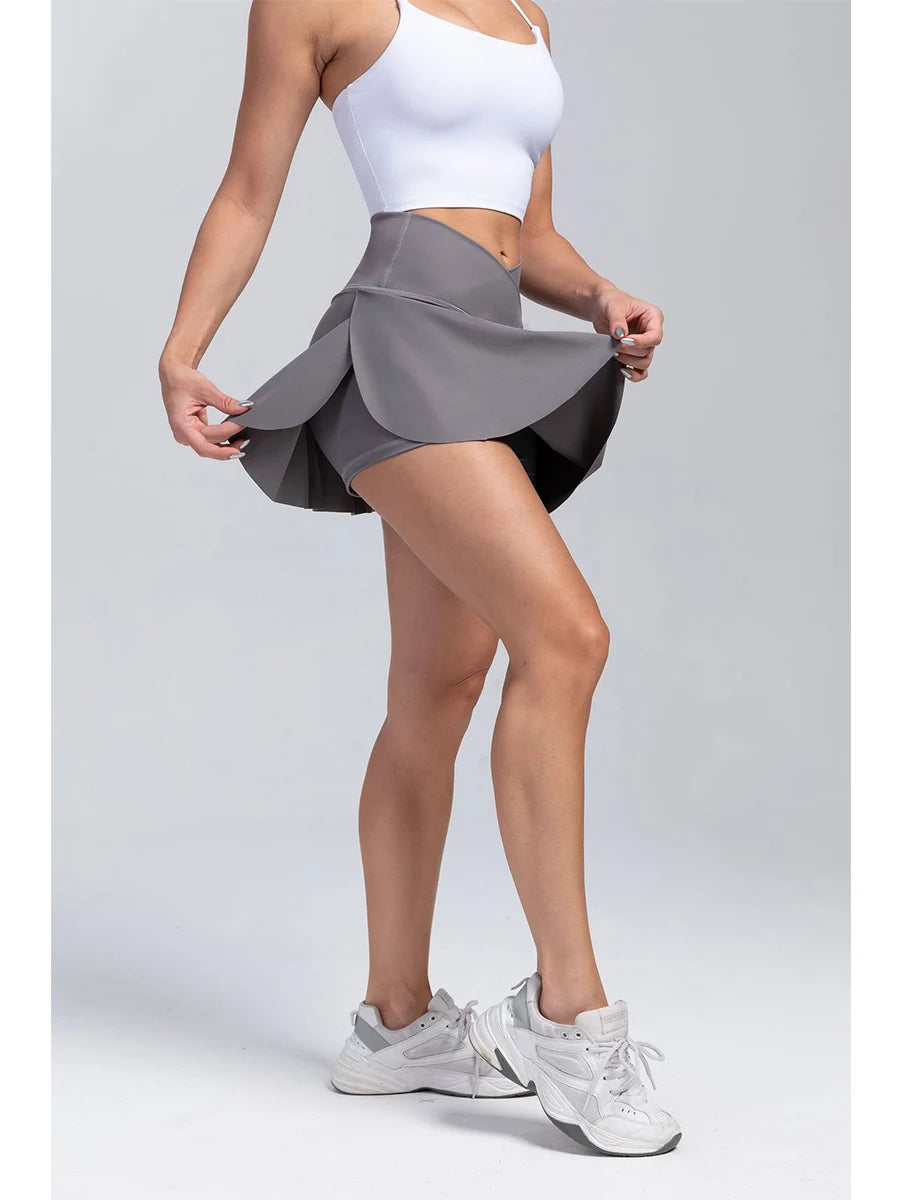 Women Pleated Tennis Skirt With Pockets Golf Crossover High Waisted Skort
