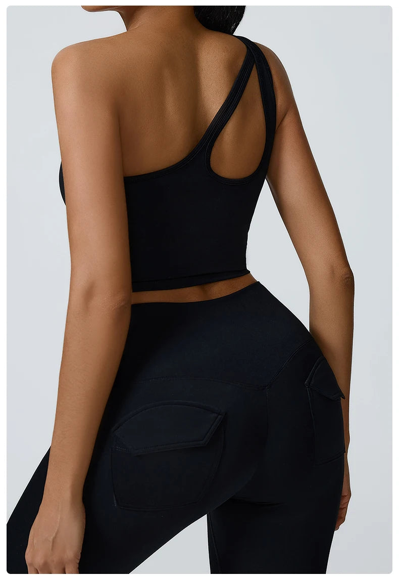 Women Push Up Sports Bra One Shoulder Yoga Shockproof Fitness Bra Black White