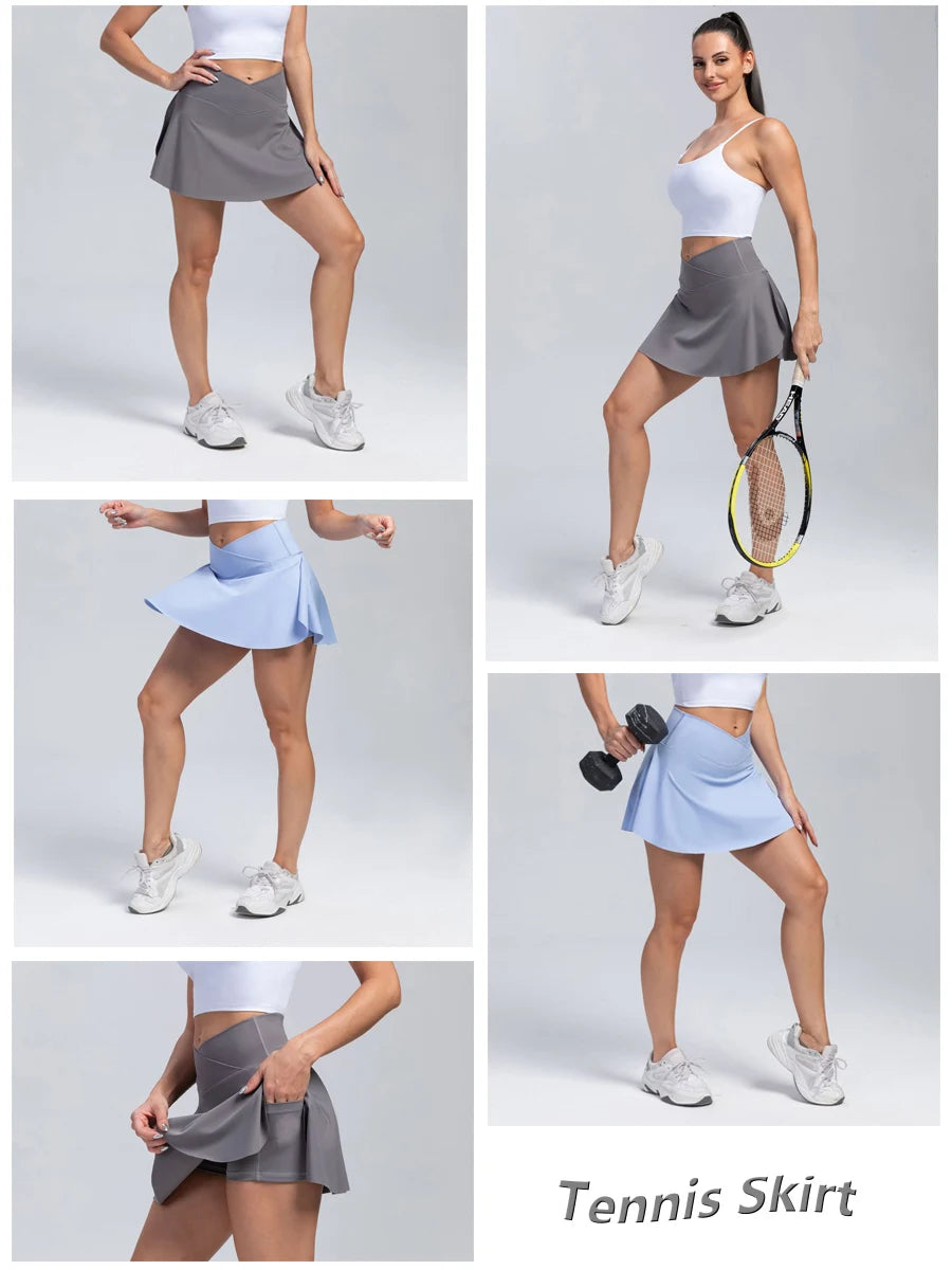 Women Pleated Tennis Skirt With Pockets Golf Crossover High Waisted Skort