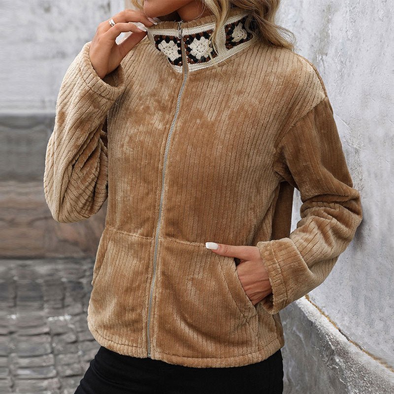 All - matching Ethnic Style Embroidered Stand Collar Warm Plush Coat - THREADLIGHT