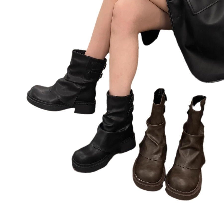 British Street Pleated Sleeve Slugged Bottom Boots - THREADLIGHT