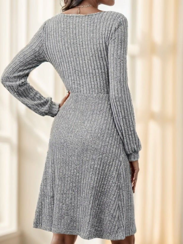 Elegant Long Sleeve Ribbed Knit Dress With Button Details - THREADLIGHT