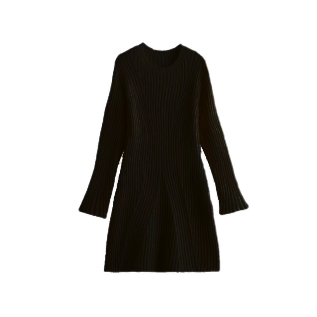 Fashion Solid Ribbed Knitted Dress Fall And Winter Slim - fit Stand - up Collar A - line Dresses Women's Clothing - THREADLIGHT