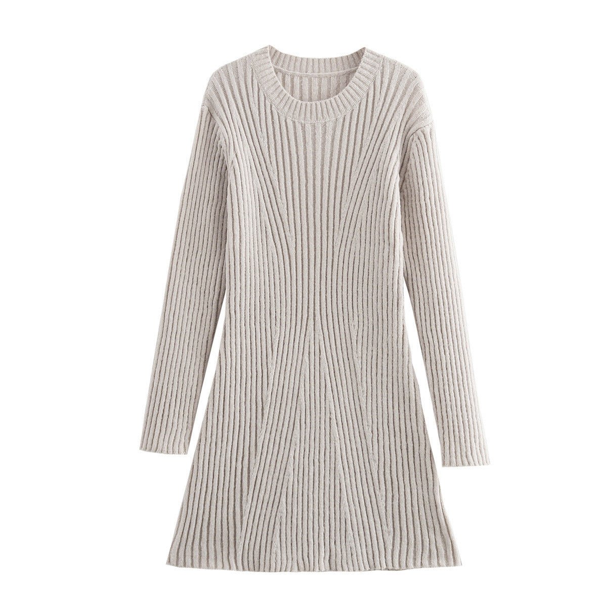 Fashion Solid Ribbed Knitted Dress Fall And Winter Slim - fit Stand - up Collar A - line Dresses Women's Clothing - THREADLIGHT