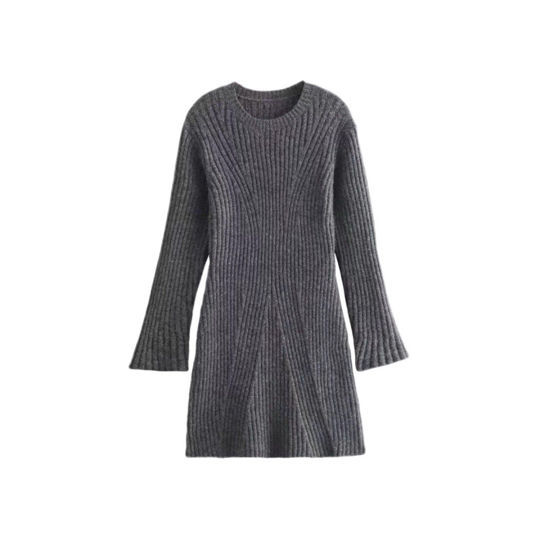Fashion Solid Ribbed Knitted Dress Fall And Winter Slim - fit Stand - up Collar A - line Dresses Women's Clothing - THREADLIGHT