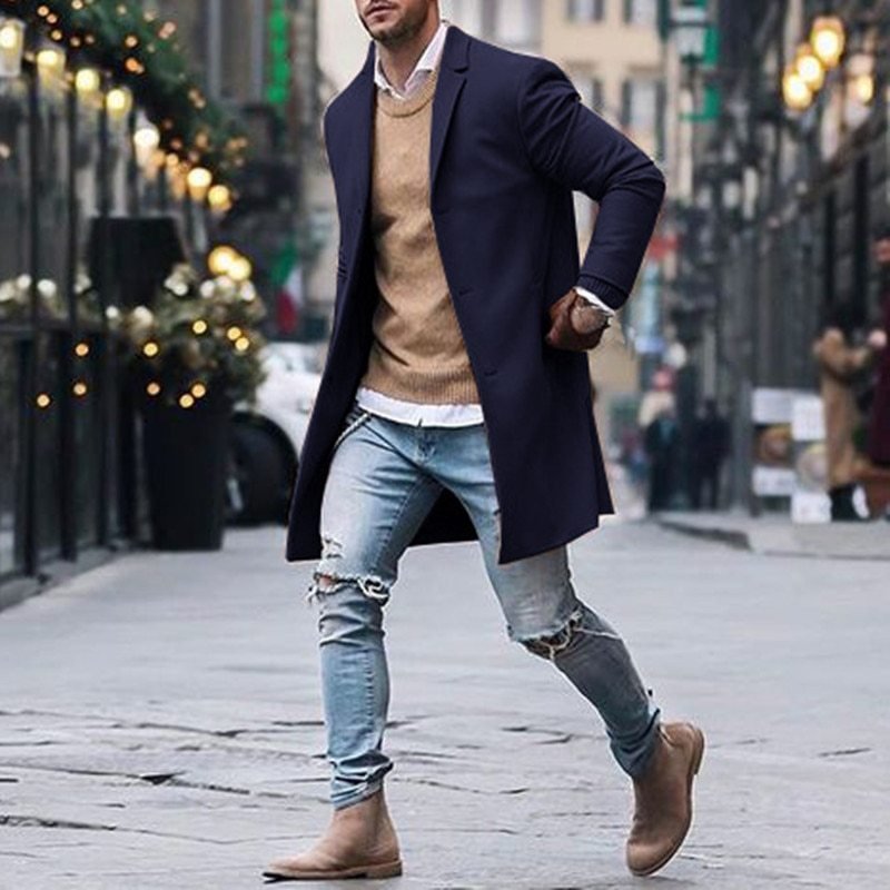 Fashion Winter Men's Trench Long Jackets Coats Overcoat Classic Jackets Solid Slim Fit Outwear Hombre Men Clothes Khaki Black - THREADLIGHT