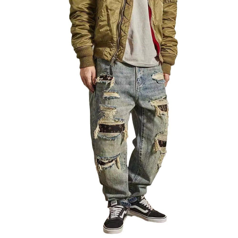 Jeans Men's Loose Straight Tapered Distressed Broken Holes Pants - THREADLIGHT