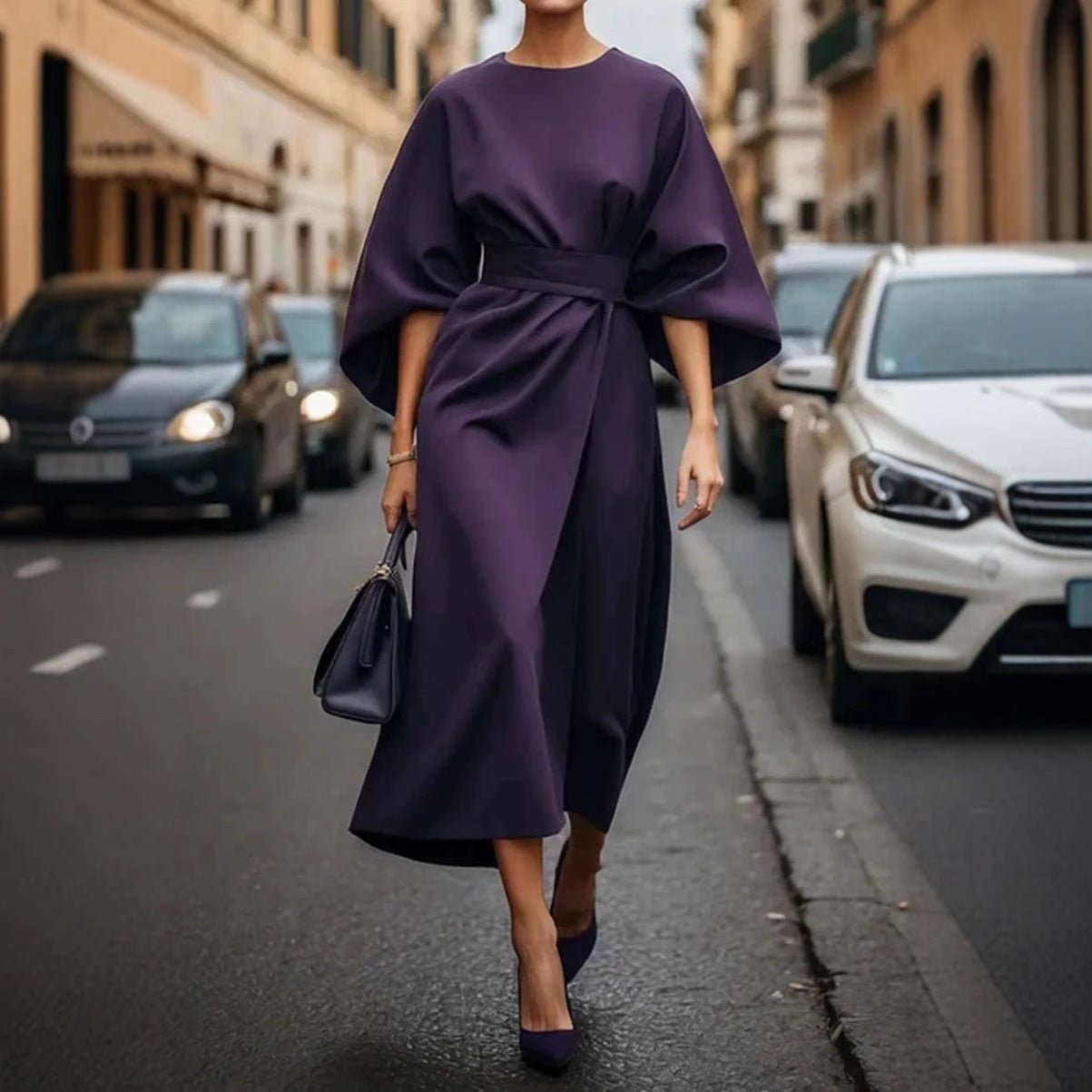 Loose Batwing Sleeve Dress Fashion Waist - tighted Solid Color Elegant Dresses For Women Clothing - THREADLIGHT