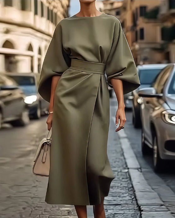 Loose Batwing Sleeve Dress Fashion Waist - tighted Solid Color Elegant Dresses For Women Clothing - THREADLIGHT