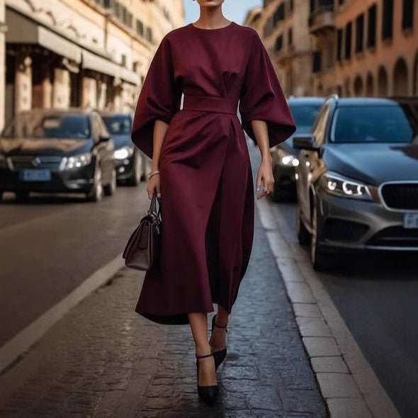 Loose Batwing Sleeve Dress Fashion Waist - tighted Solid Color Elegant Dresses For Women Clothing - THREADLIGHT