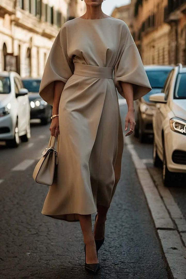 Loose Batwing Sleeve Dress Fashion Waist - tighted Solid Color Elegant Dresses For Women Clothing - THREADLIGHT