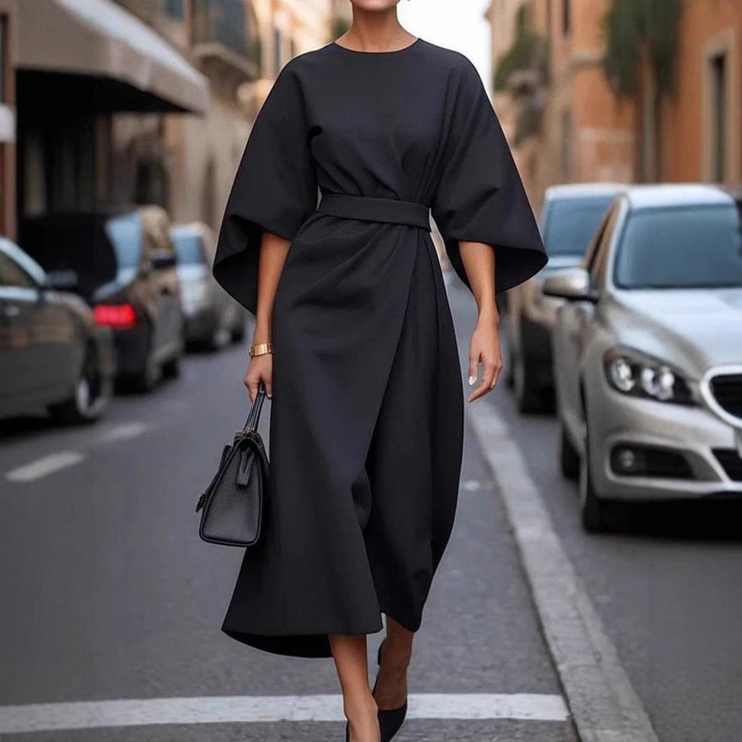 Loose Batwing Sleeve Dress Fashion Waist - tighted Solid Color Elegant Dresses For Women Clothing - THREADLIGHT