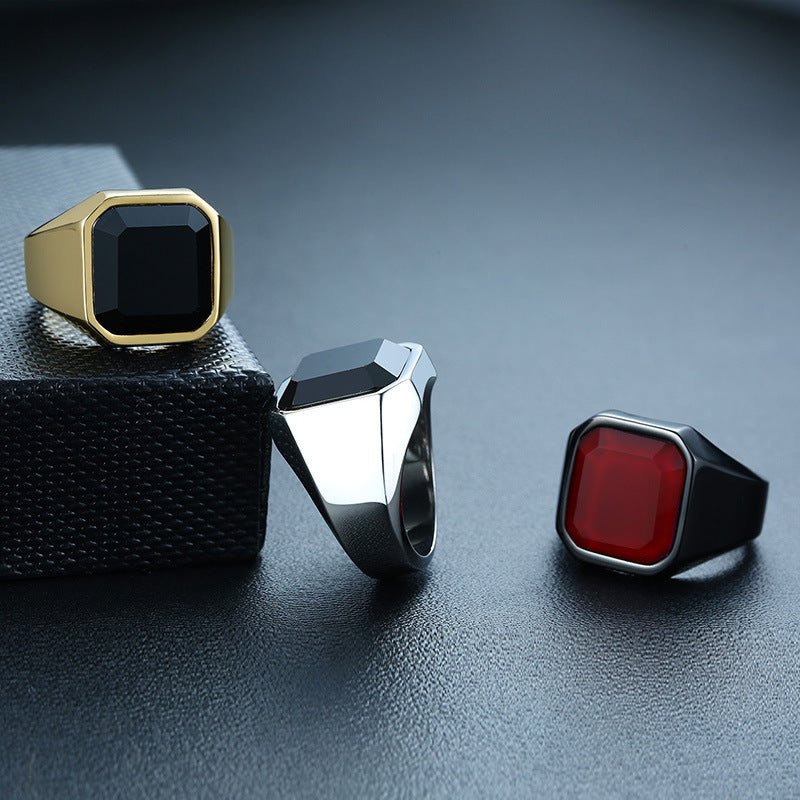 Men's stainless steel black agate ring - THREADLIGHT