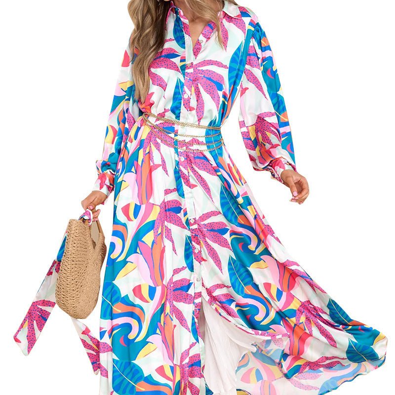 New Printed Dresses Long - sleeved Polo Collar Oversized Hem Dresses Women - THREADLIGHT