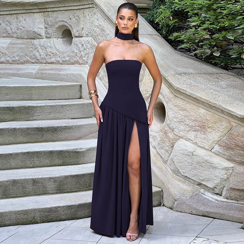 Pure Color Split Backless Elegant Streamer Dress - THREADLIGHT