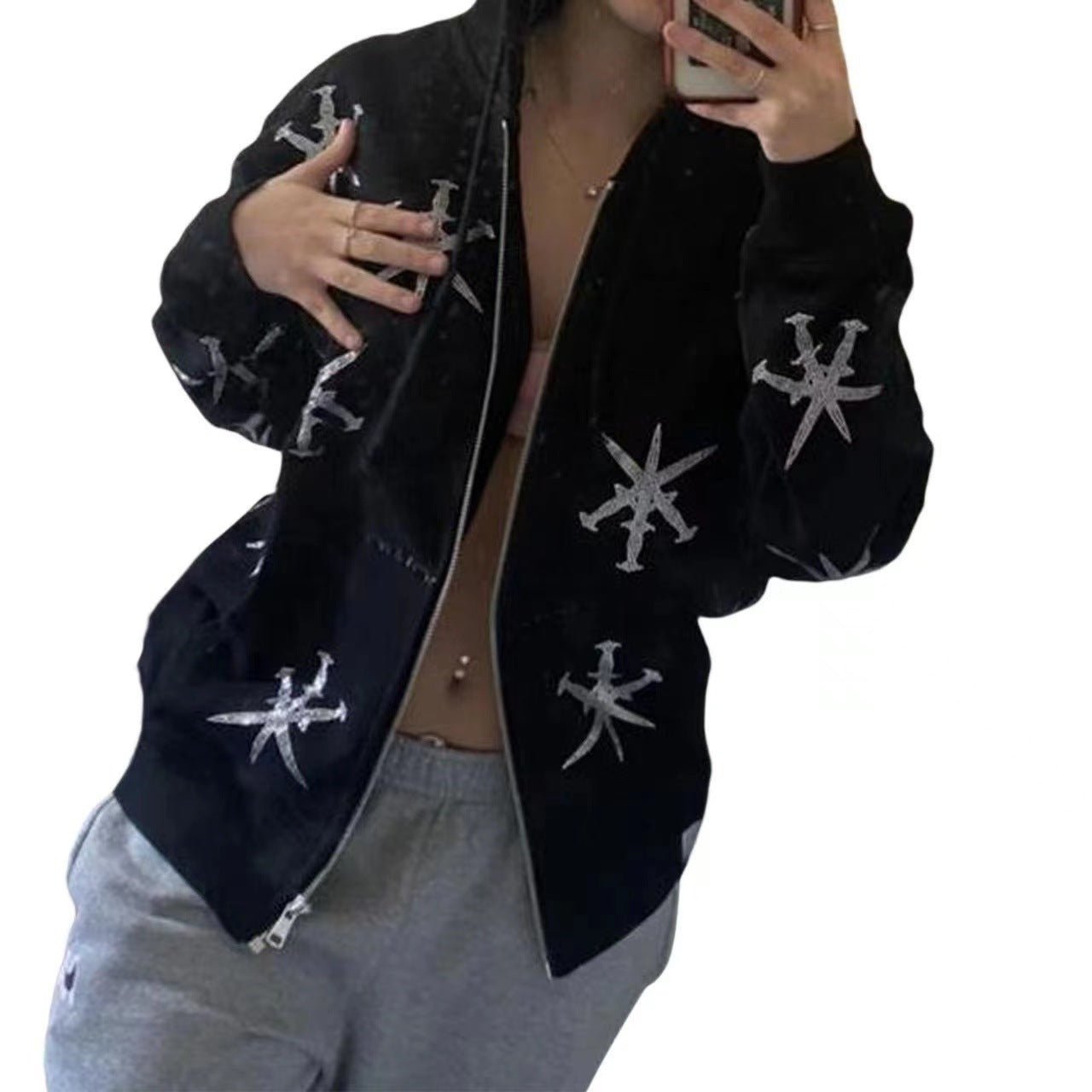 Rhinestone Gothic Streetwear Hoodie - THREADLIGHT