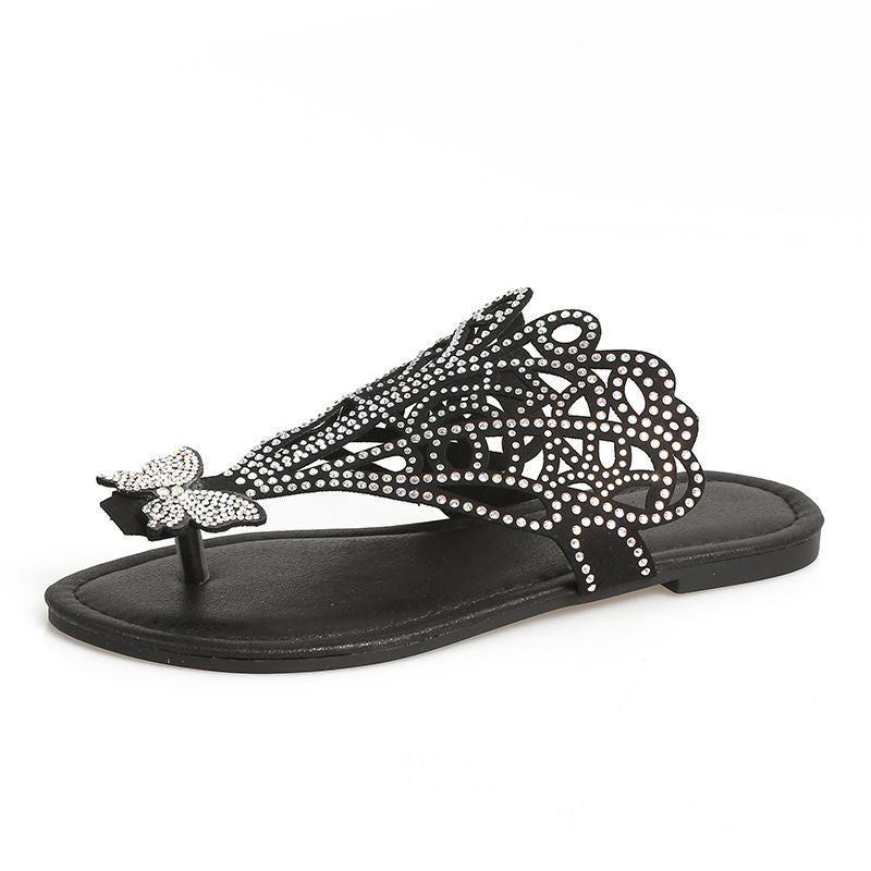 Slip - on Flip - toe Sandals Women's Rhinestone Hollow Flat - heeled Slippers - THREADLIGHT