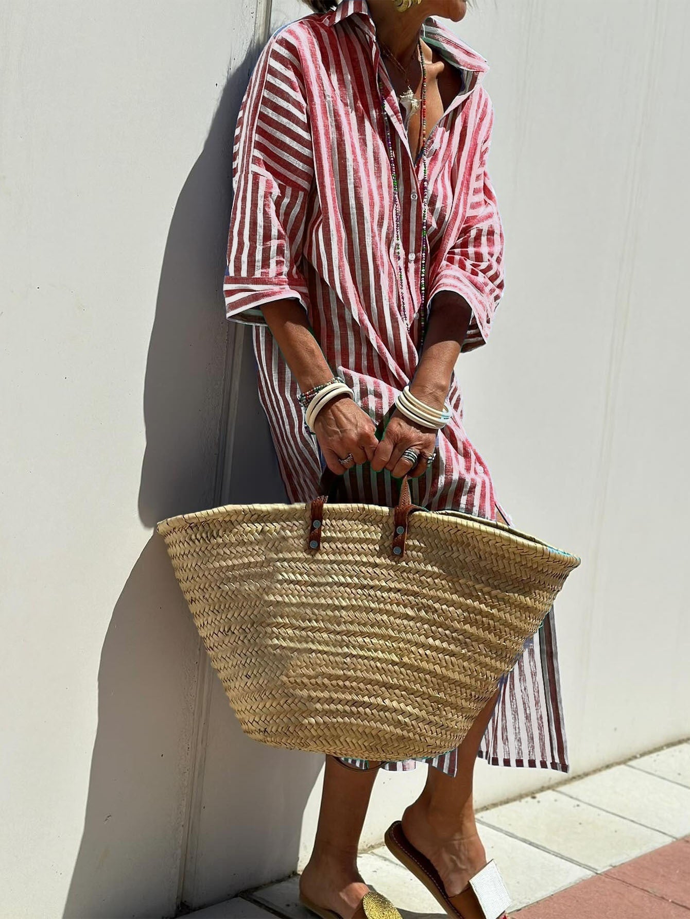 Striped Shirt Dress With Belt Fashion Half - sleeved Lapel Button Cardigan Dresses Women's Clothing - THREADLIGHT