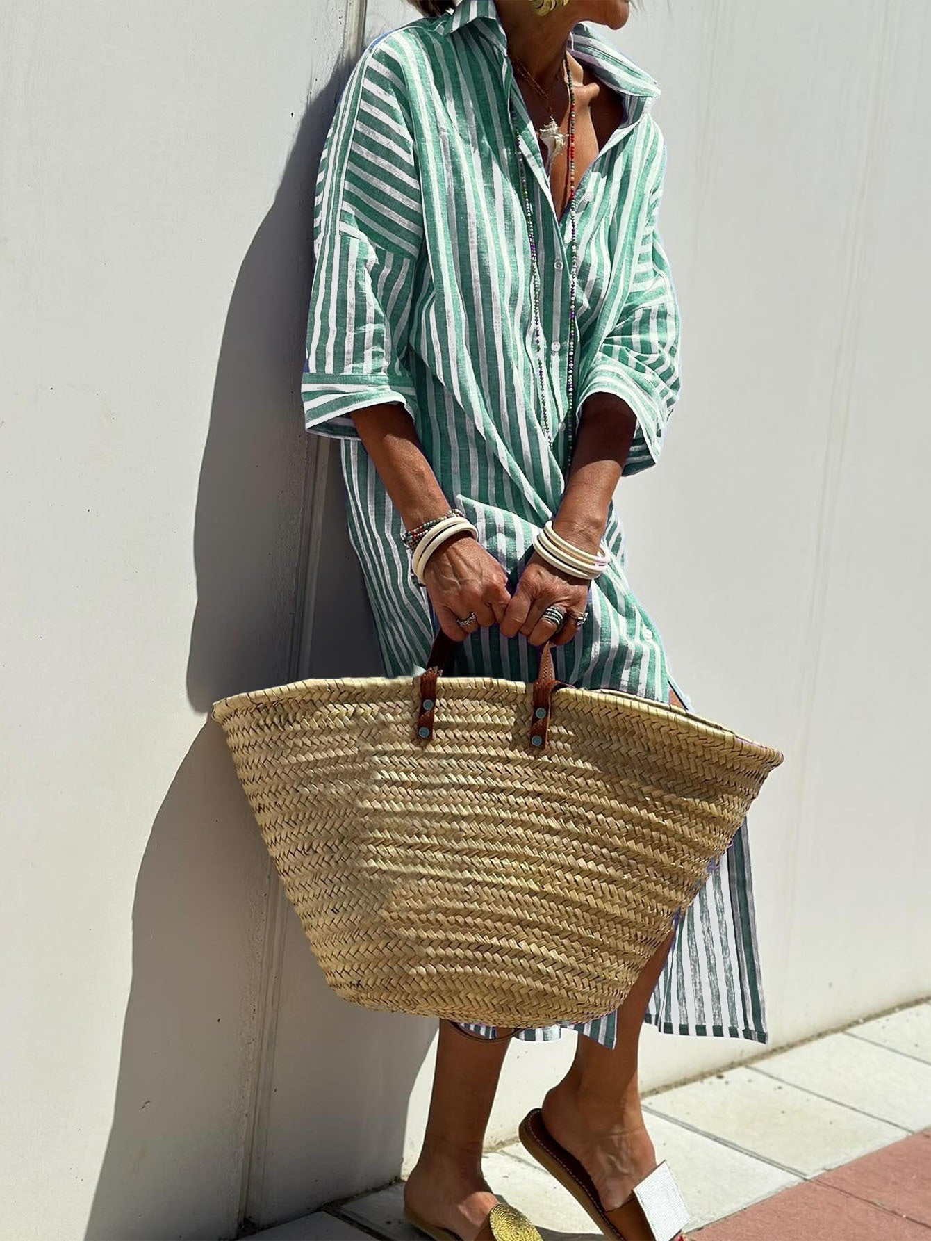Striped Shirt Dress With Belt Fashion Half - sleeved Lapel Button Cardigan Dresses Women's Clothing - THREADLIGHT