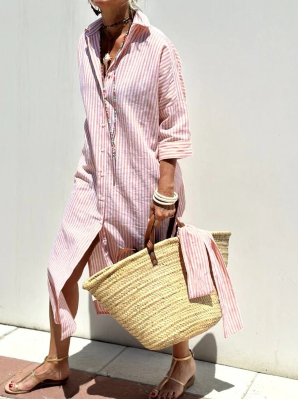 Striped Shirt Dress With Belt Fashion Half - sleeved Lapel Button Cardigan Dresses Women's Clothing - THREADLIGHT