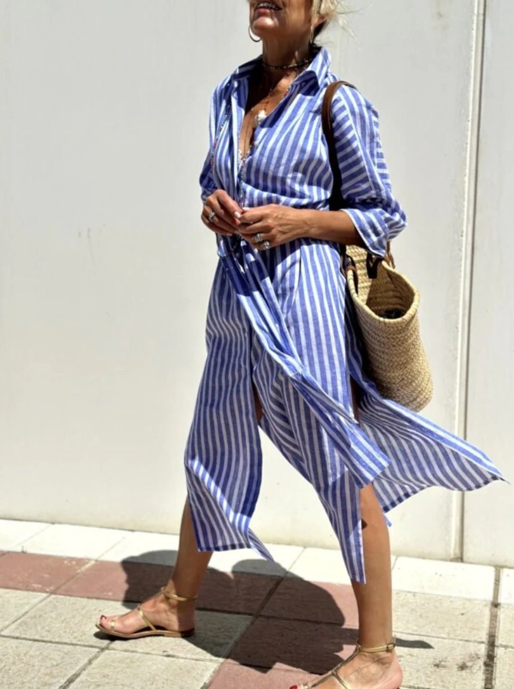 Striped Shirt Dress With Belt Fashion Half - sleeved Lapel Button Cardigan Dresses Women's Clothing - THREADLIGHT