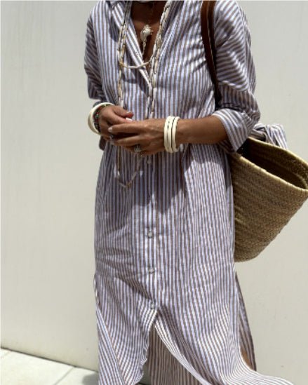Striped Shirt Dress With Belt Fashion Half - sleeved Lapel Button Cardigan Dresses Women's Clothing - THREADLIGHT