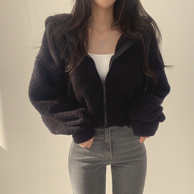 Thickened Warm Furry Jacket Short Zipper Hooded Coat For Women - THREADLIGHT