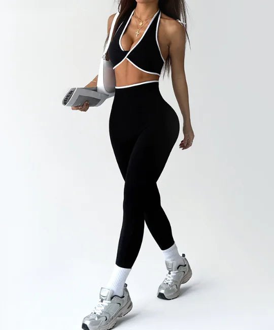 Women's Contrast - Color Yoga Outfit Set with Chest Twist - THREADLIGHT