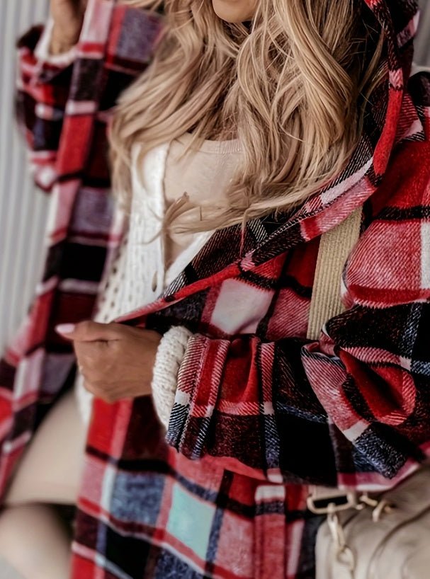 Women's Plaid Hooded Coat With Pocket Detail - THREADLIGHT