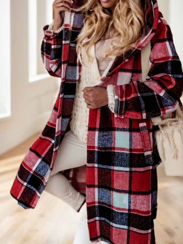 Women's Plaid Hooded Coat With Pocket Detail - THREADLIGHT