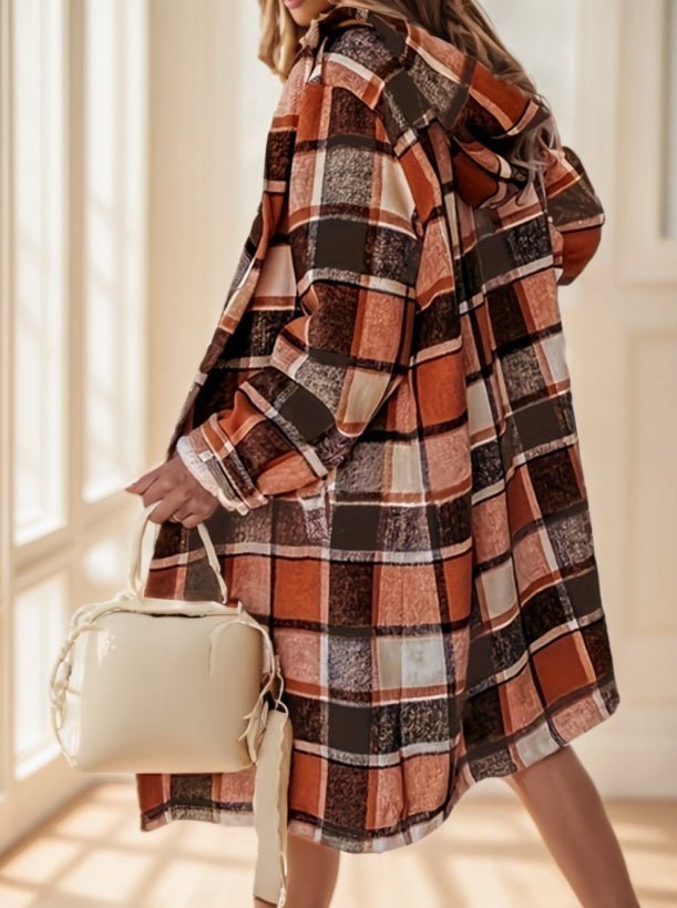 Women's Plaid Hooded Coat With Pocket Detail - THREADLIGHT