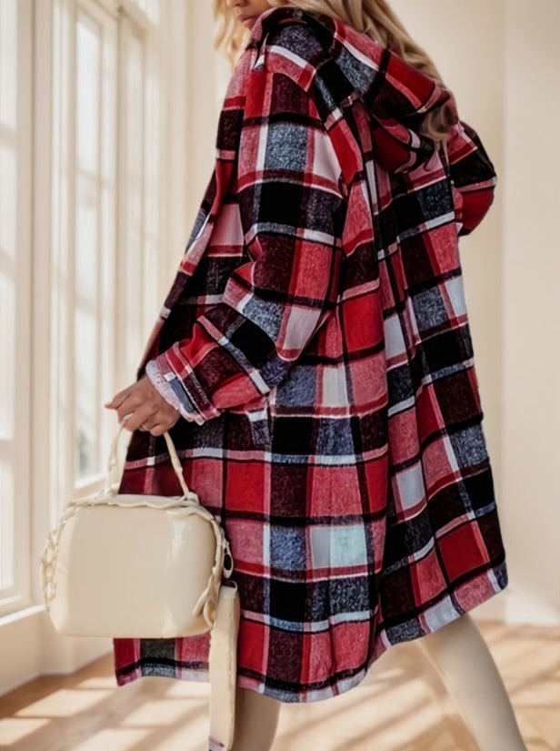 Women's Plaid Hooded Coat With Pocket Detail - THREADLIGHT