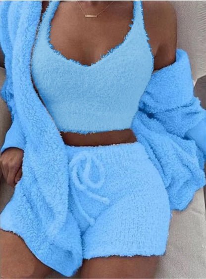 3pcs Womens Clothing Long Sleeve Crop Tank Top And Drawstring Shorts Pajama Set - THREADLIGHT