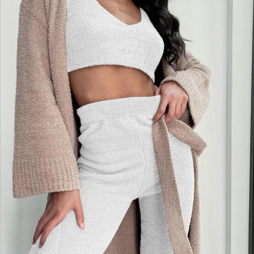 3pcs Womens Clothing Long Sleeve Crop Tank Top And Drawstring Shorts Pajama Set - THREADLIGHT