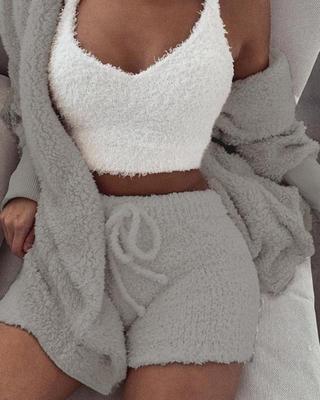 3pcs Womens Clothing Long Sleeve Crop Tank Top And Drawstring Shorts Pajama Set - THREADLIGHT