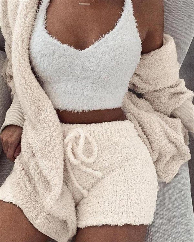 3pcs Womens Clothing Long Sleeve Crop Tank Top And Drawstring Shorts Pajama Set - THREADLIGHT