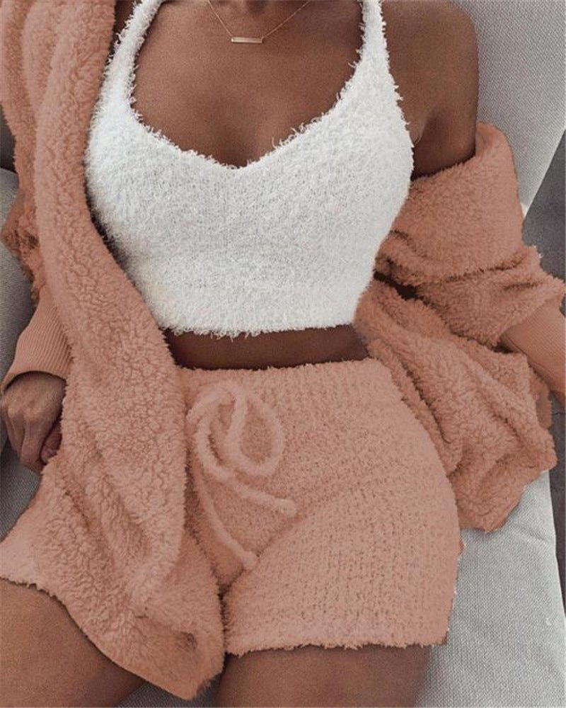 3pcs Womens Clothing Long Sleeve Crop Tank Top And Drawstring Shorts Pajama Set - THREADLIGHT