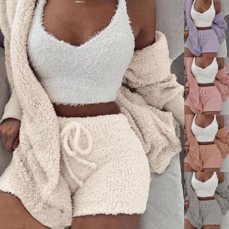 3pcs Womens Clothing Long Sleeve Crop Tank Top And Drawstring Shorts Pajama Set - THREADLIGHT