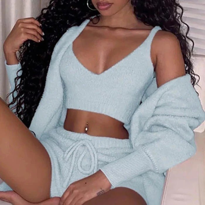 3pcs Womens Clothing Long Sleeve Crop Tank Top And Drawstring Shorts Pajama Set - THREADLIGHT