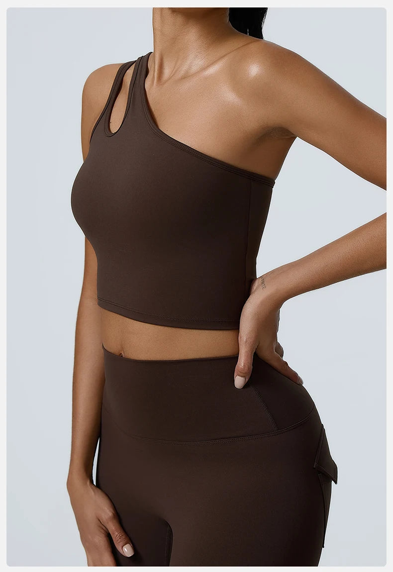 Women Push Up Sports Bra One Shoulder Yoga Shockproof Fitness Bra Black White