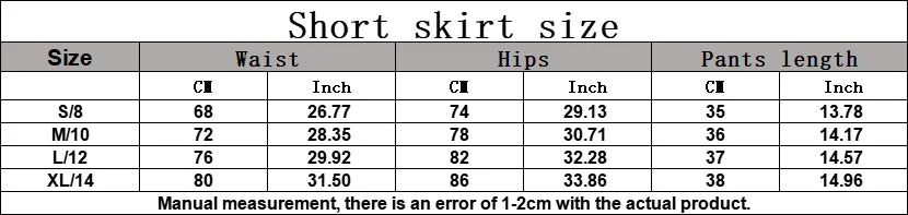 Short skirt size chart showing waist, hips, and pants length in cm and inches for S to XL.