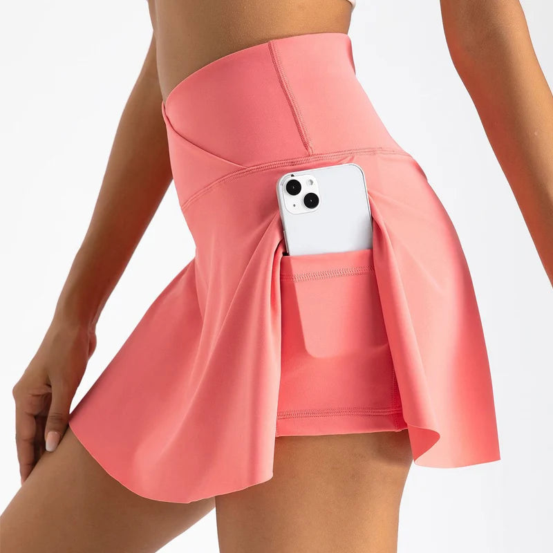 Women Pleated Tennis Skirt With Pockets Golf Crossover High Waisted Skort