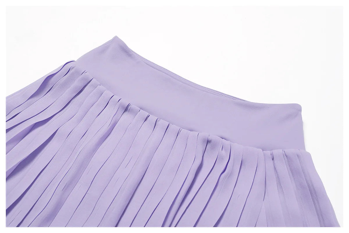 Light purple pleated skirt with high waistband on white background