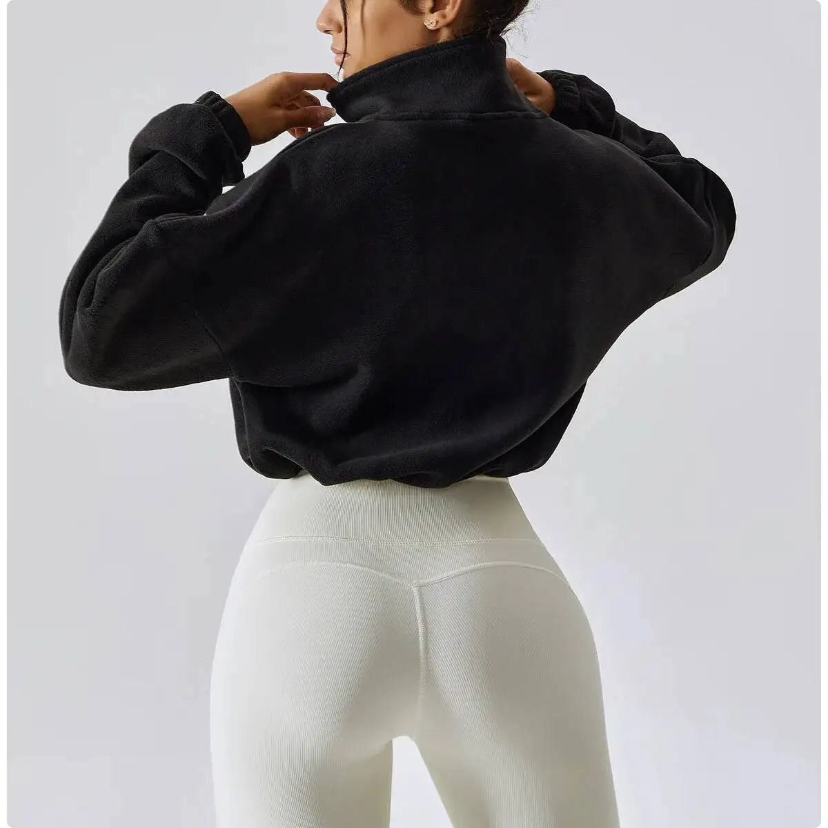 Women Crop Fleece Jacket Stand Collar Outerwear Autumn Winter