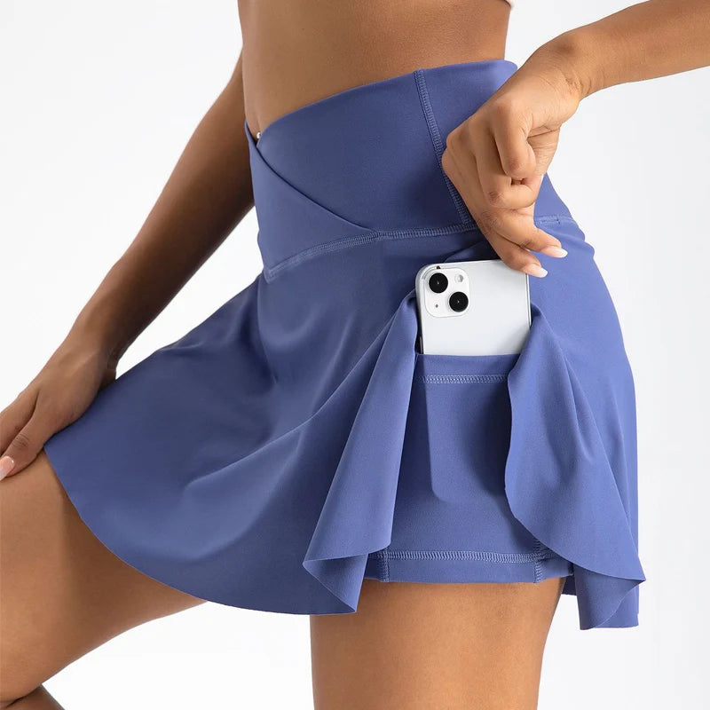 Women Pleated Tennis Skirt With Pockets Golf Crossover High Waisted Skort