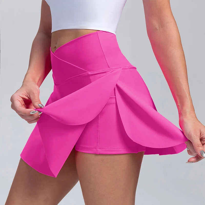Women Pleated Tennis Skirt With Pockets Golf Crossover High Waisted Skort